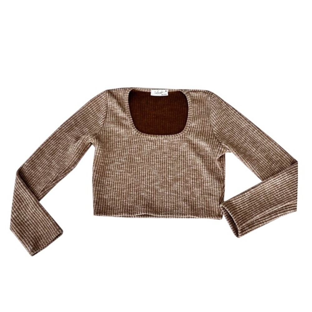 Skönhet Tan and White Heathered Knit‎ Ribbed Crop Fit Sweater